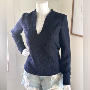 ba&sh Virgin Wool BlendTextured V Neck Lined Sweater Navy Blue Size Small